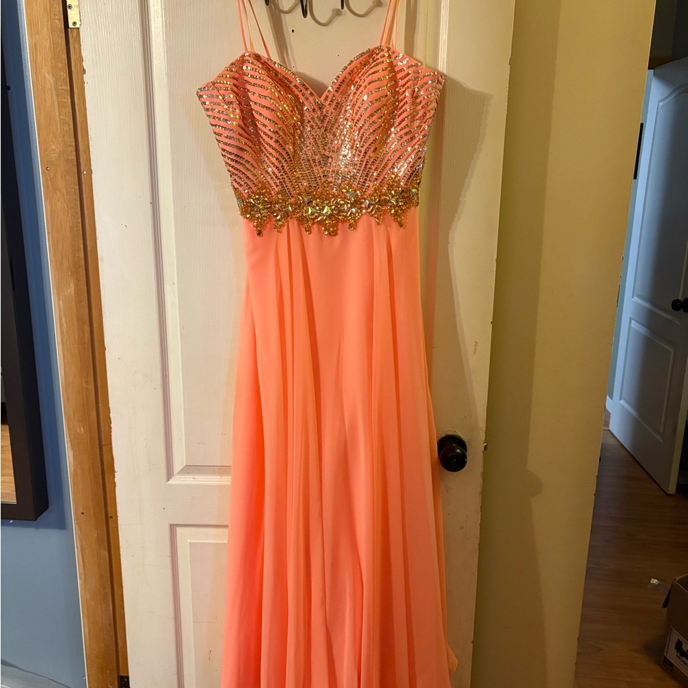 Mori Lee Coral and Gold Prom Dress